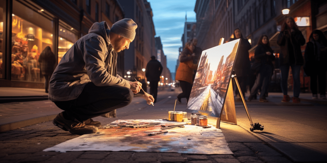 Local artist in montreal painting in the street