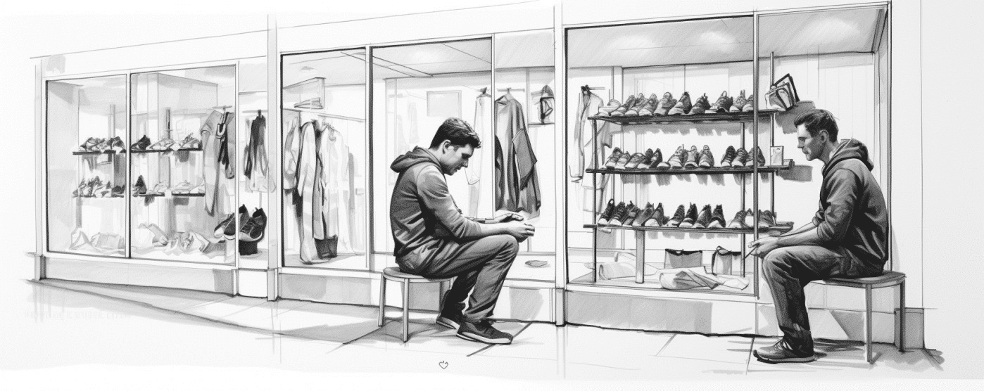An artist making quick small sketches of his next pop art painting of the entrance of a shoe shop art on demand